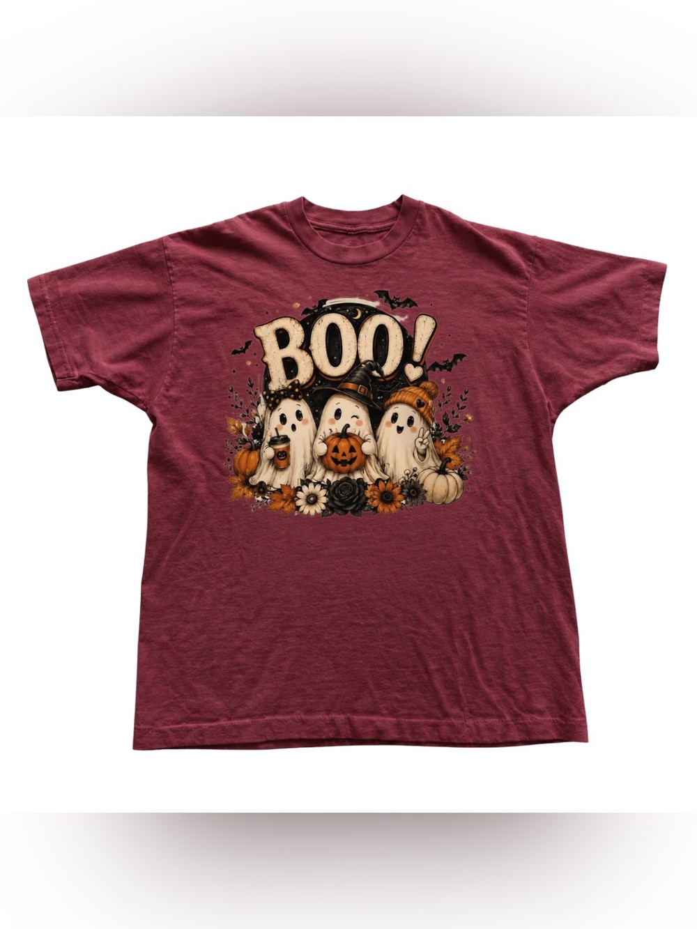 Antique CherryRed Maroon Halloween 'BOO!' Ghosts Graphic Tee